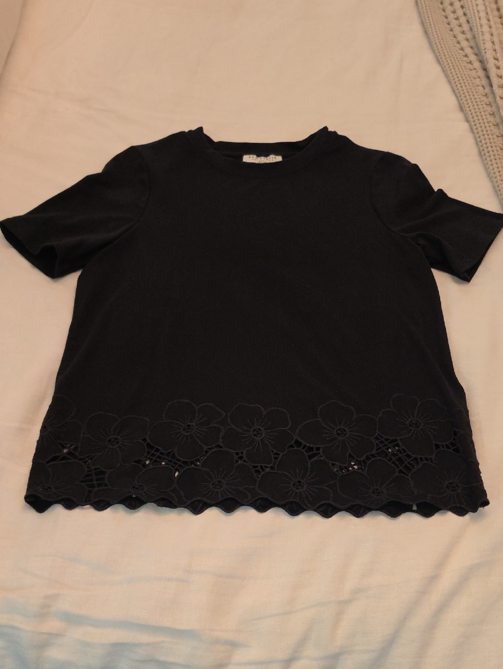 bagatelle Black Short Sleeve Top with Floral Cutwork Hem